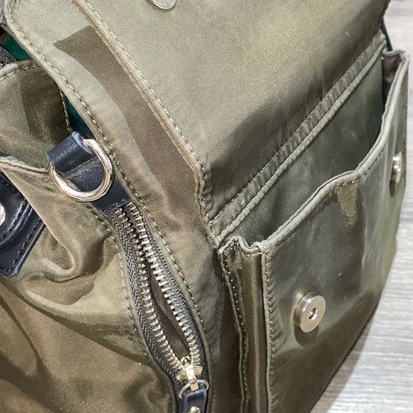 CLN Olive Green & Gold Tone Hardware Backpack Carry Bag 3 Front Pockets Dual Zip - Picture 6 of 10